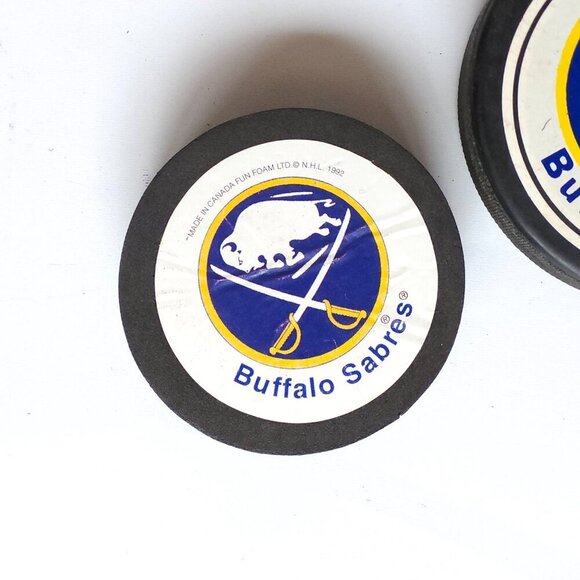 RETRO BUFFALO SABRES Hockey Pucks NHL One Standard Puck and one soft foam puck - Picture 3 of 4
